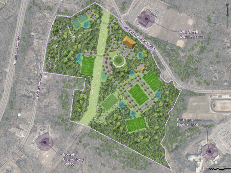 Proposed Regional Park Aerial layout of a park featuring artificial turf fields, walking paths, and gathering areas.